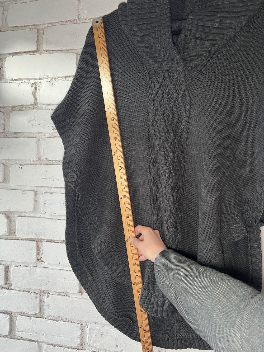 Dark grey Cable-Knit Shawl Collar Sweater Poncho with side buttons - Picture 2 of 11